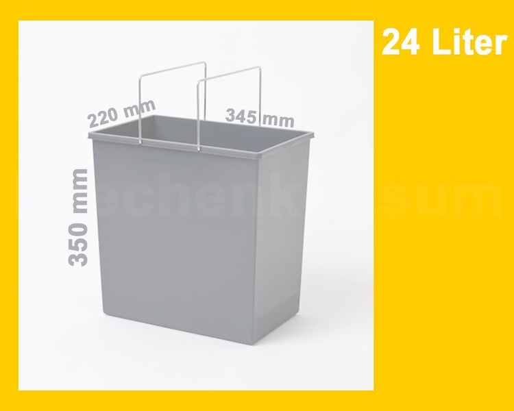 Rechteckiger Mülleimer mit zwei Metallbügeln, 24 Liter Fassungsvermögen, Maße 220 Millimeter mal 345 Millimeter mal 350 Millimeter.