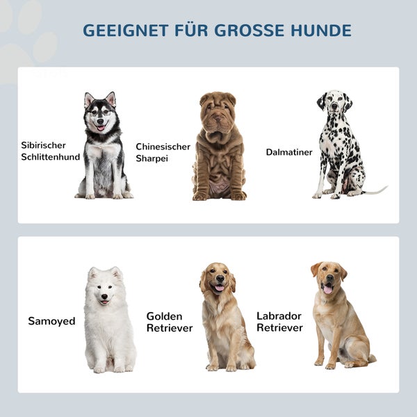 Geeignet für große Hunde: Übersicht mit Sibirischem Schlittenhund, Sharpei, Dalmatiner, Samojede, Golden Retriever und Labrador Retriever.