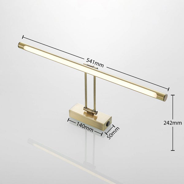 Bilderleuchte mit Abmessungen: Breite 541 Millimeter, Höhe 242 Millimeter, Sockelbreite 140 Millimeter, Sockeltiefe 50 Millimeter.