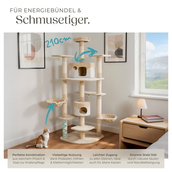 Beiger Kratzbaum mit mehreren Ebenen, Liegeflächen und Höhlen, Höhe 210 Zentimeter.