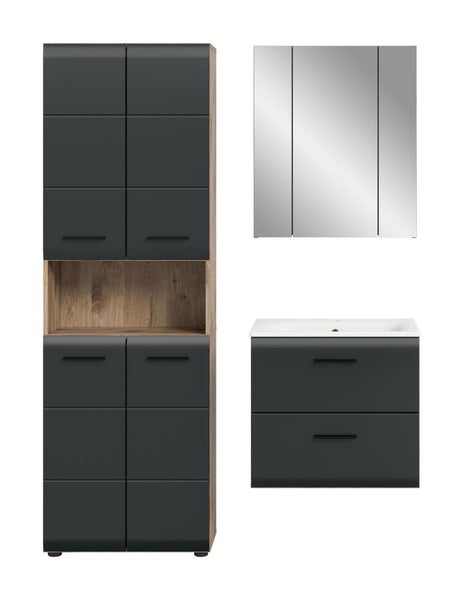 Badezimmermöbel-Set in Anthrazit und Holzoptik mit Hochschrank mit offenem Fach, Spiegelschrank und Waschbeckenunterschrank inklusive Waschtisch.