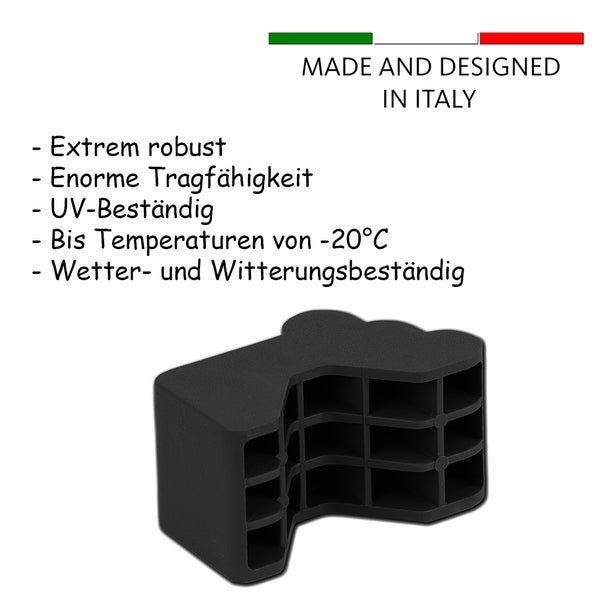 Schwarzes Eckverbindungsstück mit Innenfächern, hergestellt und entworfen in Italien, extrem robust, hohe Tragfähigkeit, UV-beständig, temperaturbeständig bis minus 20 Grad, wetterbeständig