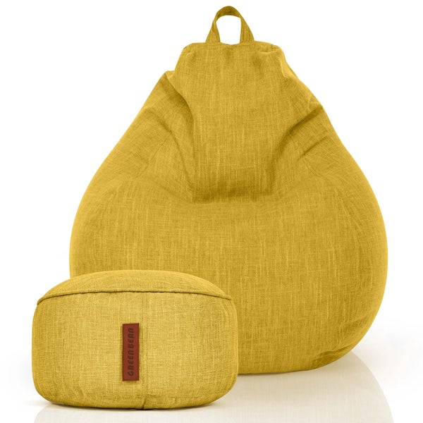 Green Bean 2er Set Indoor XXL Sitzsack + Hocker mit EPS-Perlen Füllung - Fußhocker Fußkissen Sitz-Pouf Bodenkissen Liegekissen Sitzkissen Lounge Chair Sitzhocker Relax-Sessel Bean Bag Gelb