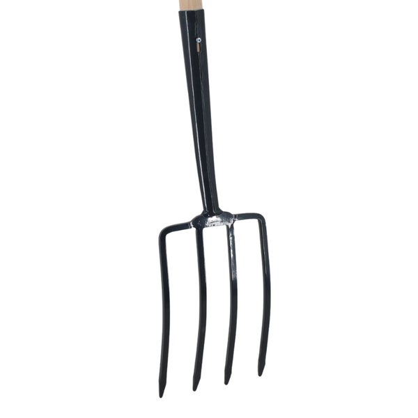 Grabegabel aus schwarzem Metall mit vier Zinken und Stielansatz.