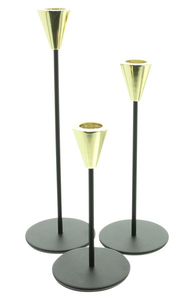 FRANK FLECHTWAREN | Stabkerzenhalter Schwarz & Gold, 3er Set, METALL, 8 x 8 x 16 cm, 8 x 8 x 20 cm, 8 x 8 x 25 cm