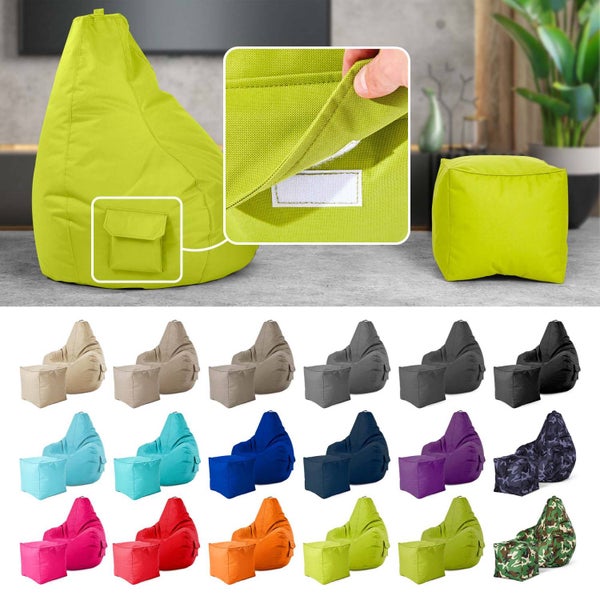 Green Bean 2er Set Sitzsack + Hocker - fertig befüllt - robust waschbar schmutzabweisend - Kinder & Erwachsene Bean Bag Bodenkissen Lounge Sitzhocker Relax-Sessel Gamer Gamingstuhl Pouf - Apfelgrün