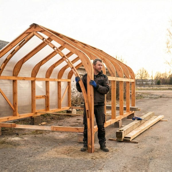 Mann beim Aufbau eines Gewächshauses mit gebogenem Holzrahmen und lichtdurchlässiger Verkleidung im Außenbereich.