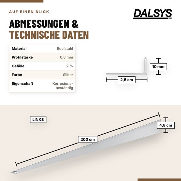 Dalsys Edelstahl Gefälleprofil links mit zwei Prozent Gefälle 200 Zentimeter Länge 48 Millimeter Höhe und 10 Millimeter Sichtkante.