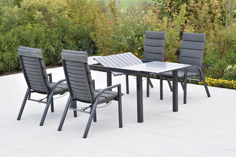 Siros Gartenmöbelset 9tlg., 4 Sessel verstellbar durch Gasdruck, 4 Auflagen, Ausziehtisch 150 (200) x 90 cm, Tischplatte aus Aluminium