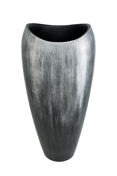 Hoher, konischer Pflanzkübel mit gebürsteter Metallic-Oberfläche und ovaler Öffnung.