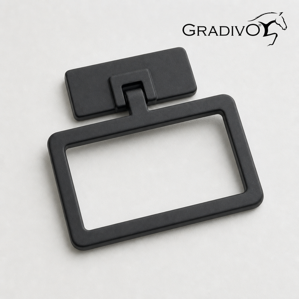 Gradivo Logo. Rechteckiger Möbelringgriff aus schwarzem Metall.