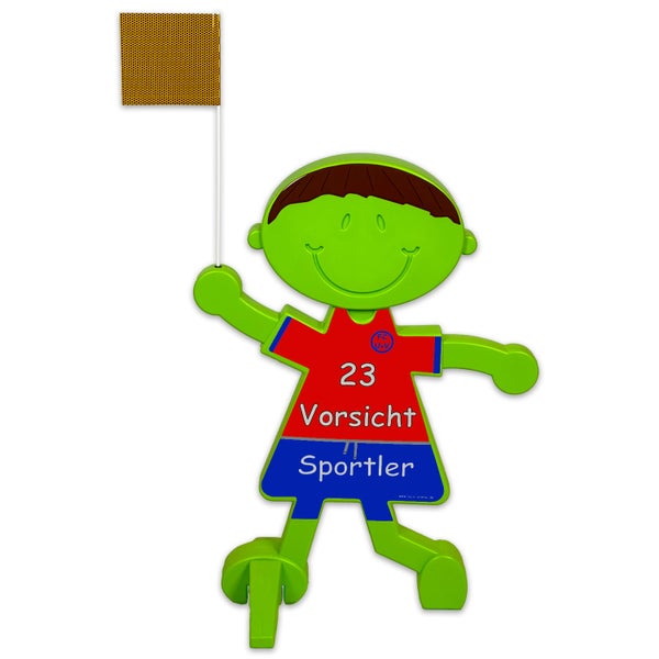 UvV 3D Warnschild Spielende Kinder als Sportler, reflektierendes Trikot mit Wunschtext / rot & blau