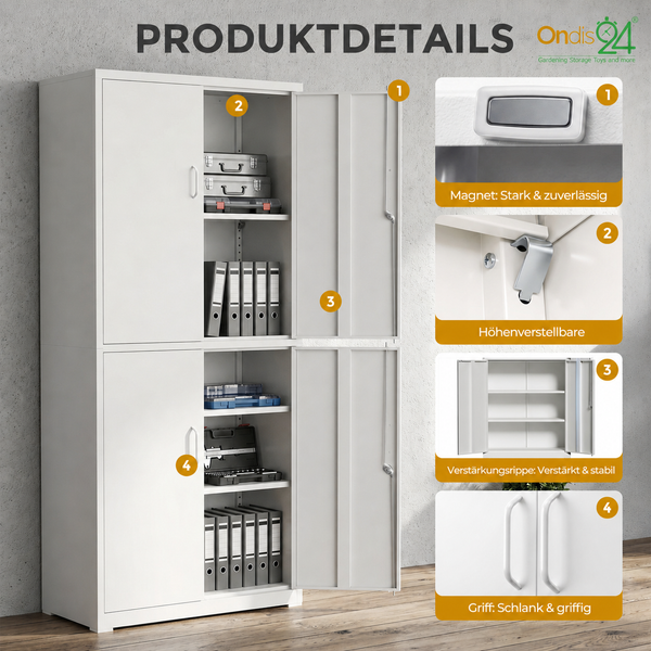 Produktdetails eines grauen Metallschranks mit vier Türen, Magnetverschluss, verstellbaren Böden, Verstärkungsrippen, Griffen und Ondis24 Logo.