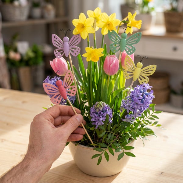Hand platziert einen Blumenstecker in Form eines Schmetterlings in einen Frühlingsblumen Topf mit Narzissen, Tulpen und Hyazinthen auf einem Tisch.