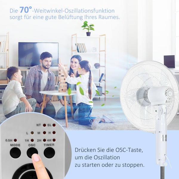 Weißer Ventilator im Wohnzimmer mit Familie, 70 Grad Oszillationsfunktion und Detailansicht des Bedienfelds.