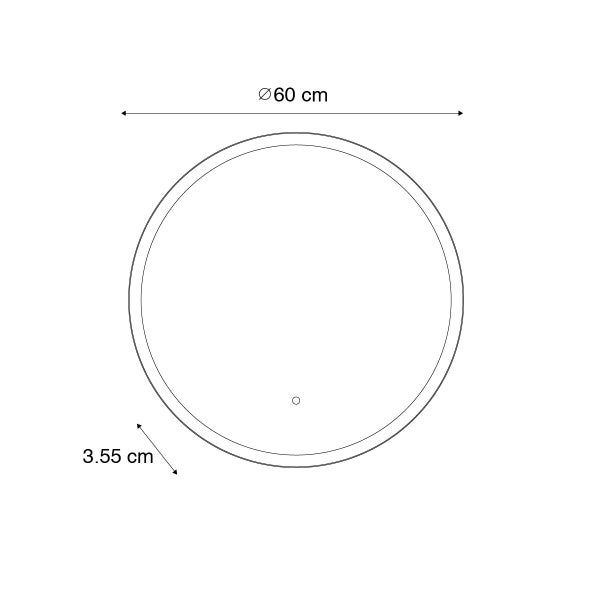 Technische Zeichnung eines runden Spiegels mit einem Durchmesser von 60 cm und einer Rahmendicke von 3,55 cm