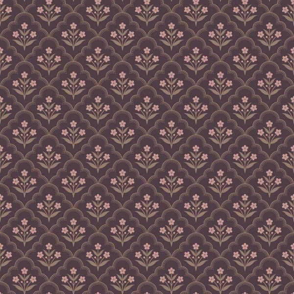 Tapete mit floralem Medaillon-Muster und stilisierten Blumenmotiven.