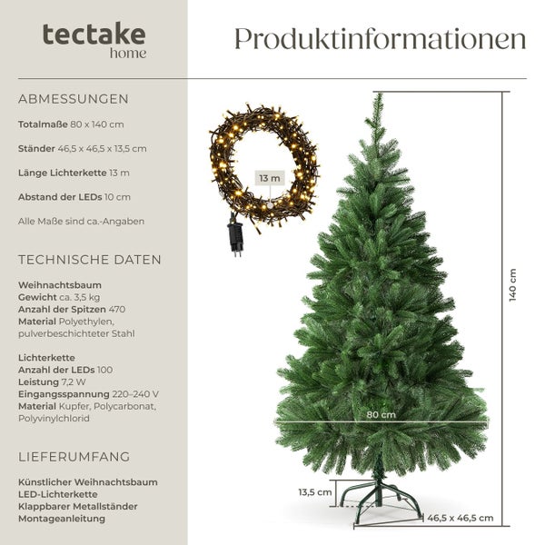 Produktinformationen zu einem künstlichen Weihnachtsbaum mit LED-Lichterkette von tectake home, inklusive Abmessungen und technischen Daten.