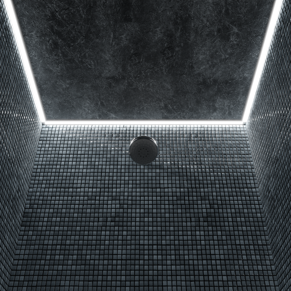 Moderne Dusche mit Mosaikfliesen und LED-Beleuchtung