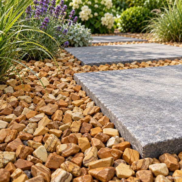Gartenweg mit rechteckigen Steinplatten umgeben von Zierkies und Lavendel in einem gepflegten Garten.