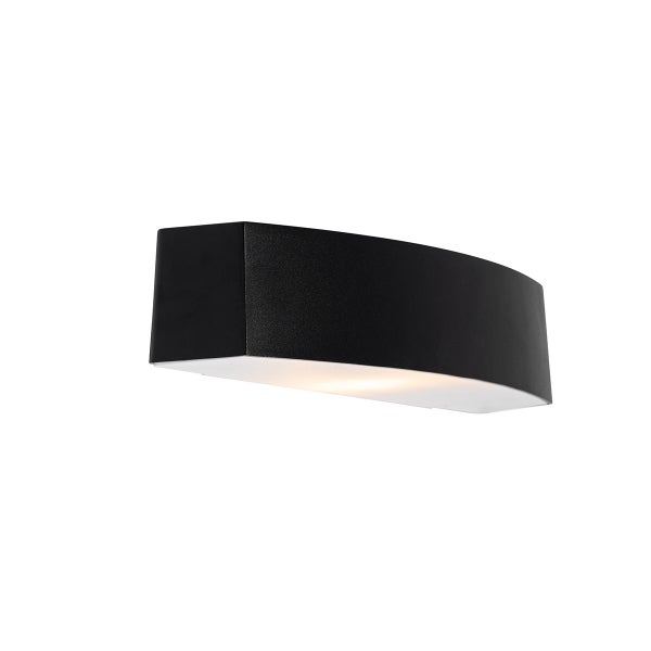 Moderne LED-Außenwandleuchte in Schwarz, gebogene Form mit Lichtaustritt nach unten.