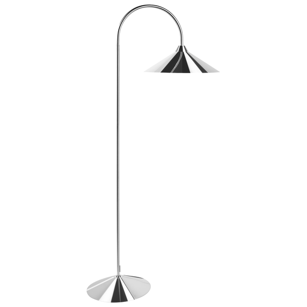 Stehlampe mit gebogenem Lampenarm und Lampenschirm in Kegelform