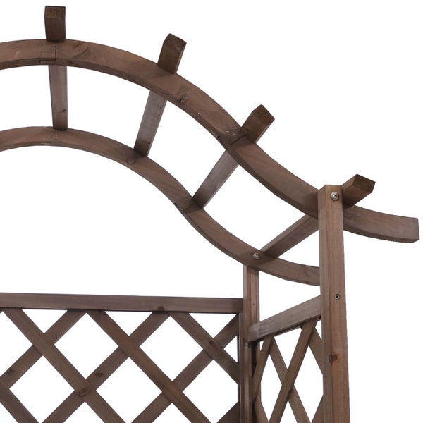 Rosenbogen aus Holz mit gewölbtem Dach und seitlichem Rankgitter für Kletterpflanzen.