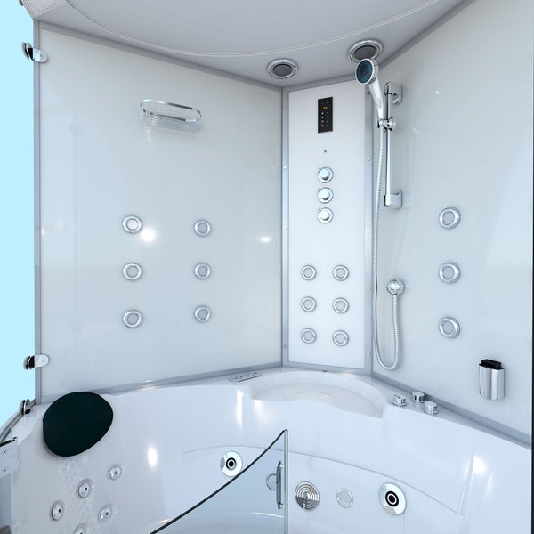 Moderne weiße Dampfduschkabine mit integrierter Whirlpool-Badewanne, mehreren Massagedüsen, Handbrause und digitalem Bedienfeld.