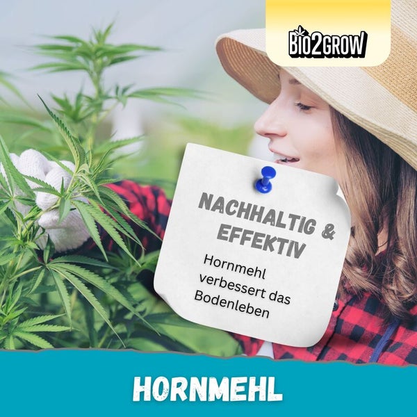 Frau im Garten mit Hornmehl zur Bodenverbesserung und einem Bio2Grow Logo