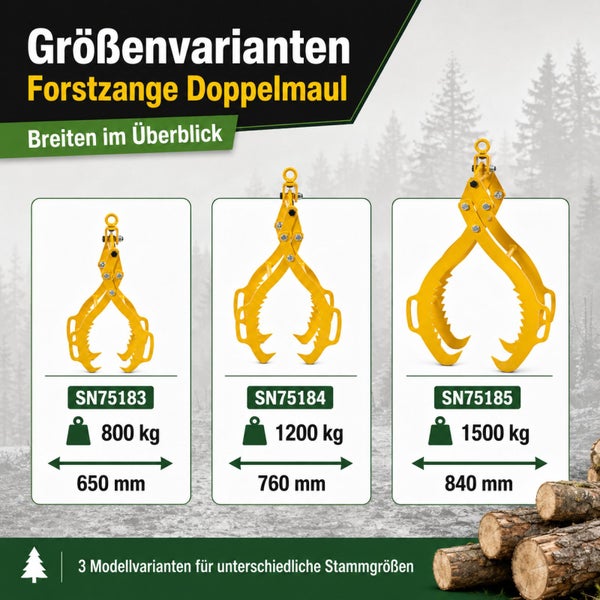 Drei Forstzangen mit Doppelmaul im Vergleich mit unterschiedlichen Greifbreiten und Traglasten für verschiedene Stammgrößen.