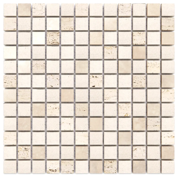 Mosaikfliese aus Naturstein Travertin, beige, quadratisch, auf Netz.