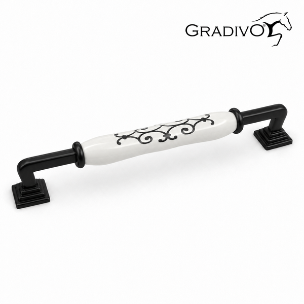 Möbelgriff aus Metall und Keramik mit floralem Muster. Gradivo Logo.