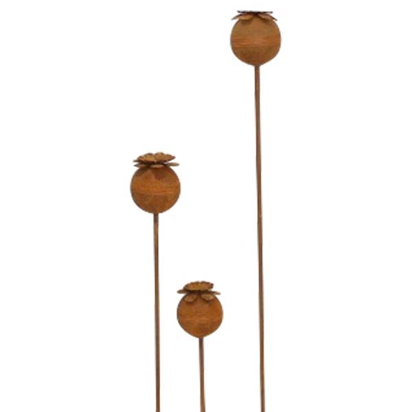 FRANK FLECHTWAREN | Gartenstecker Mohn, 3er Set, H: 60 cm, H: 80 cm, H: 100 cm, METALL
