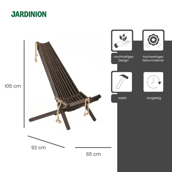 Jardinion Logo. Holz Gartenstuhl mit Seilen. 105, 92, 65 Zentimeter. Symbole für Nachhaltigkeit, Naturmaterial, Stabilität und Langlebigkeit.