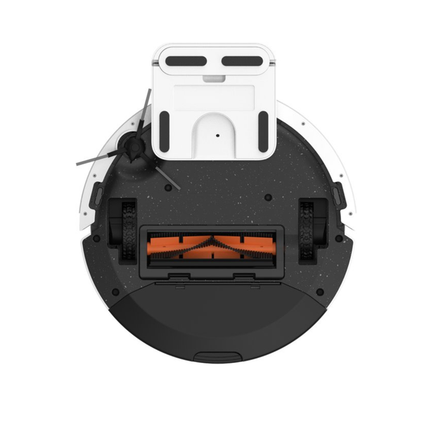 Unterseite eines Saugroboters mit Bürste und Rädern