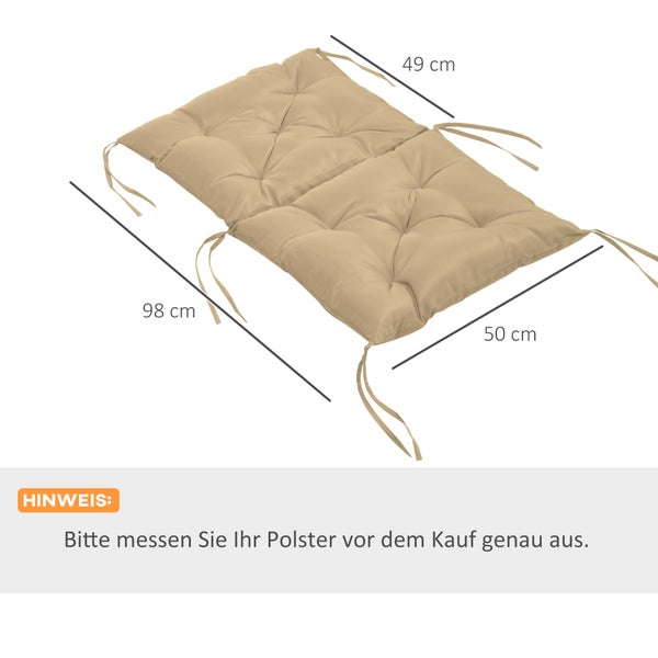 Beige, gesteppte Stuhlauflage für Niedriglehner mit Bindebändern, Länge 98, Breite 49 und 50 Zentimeter. Mit Hinweis zum Ausmessen vor dem Kauf.