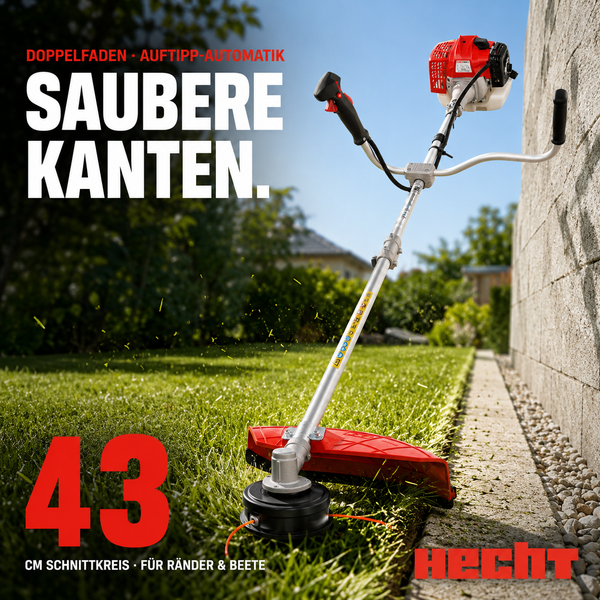 Benzin-Motorsense mit Doppelfaden und 43 Zentimeter Schnittkreis beim Trimmen einer Rasenkante an einer Steinmauer. Hecht Logo.