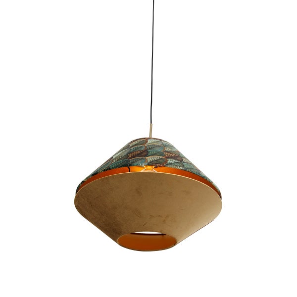 Pendelleuchte mit zweilagigem Schirm, Oberseite mit Blattmuster und Unterseite aus Samt.