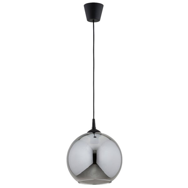 Moderne Pendelleuchte mit kugelformigem Glasschirm in verspiegeltem Design und schwarzer Aufhangung