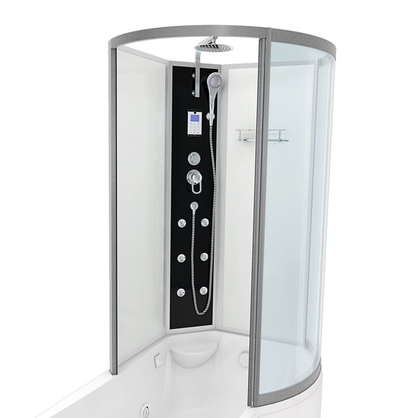 Komplettduschkabine mit runder Überkopfbrause, Handbrause, digitalem Bedienpanel und Glasablage.