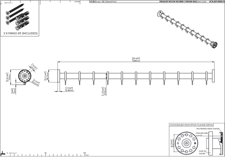 Technische Zeichnung einer geraden Duschvorhangstange aus Nylon mit Maßangaben, inklusive Befestigungsset, Ringen und Flanschdetails.