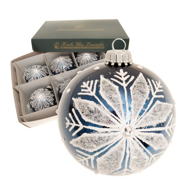 Glaskugel Schneeflocke mit Strass (Blaue Weihnacht), Cobaltblau Glanz, 8cm, 6 Stck., Weihnachtsbaumkugeln, Christbaumschmuck, Weihnachtsbaumanhänger