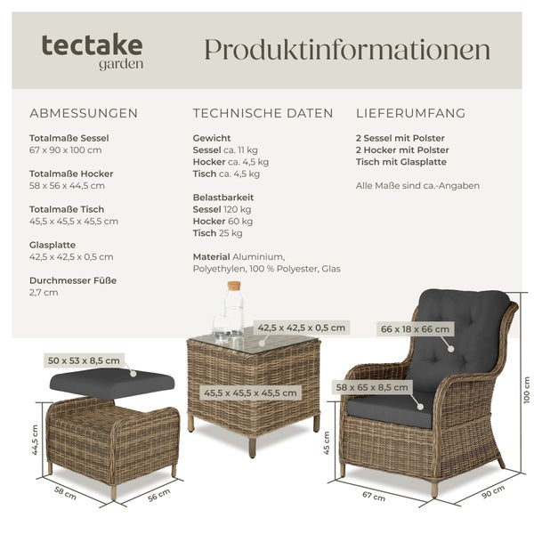 Rattan Sitzgruppe tectake Benissa mit Sicherheitsglasplatte für 2 bis 4 Personen natur