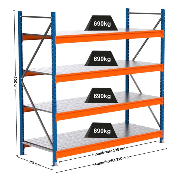 Lagerregal mit vier Ebenen, Traglast 690 Kilogramm pro Ebene und den Maßen 200 mal 210 mal 80 Zentimeter
