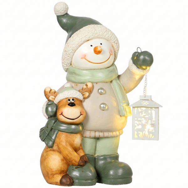 Weihnachtsdekoration Schneemann mit Rentier und leuchtender Laterne aus Kunststein