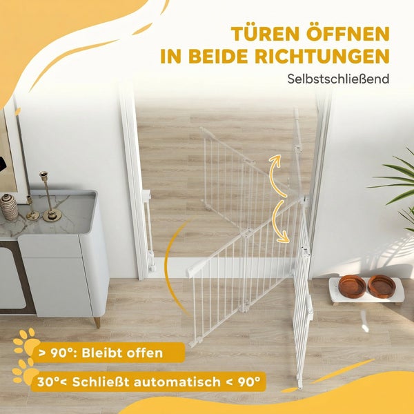 Weißes Metall-Schutzgitter für Türen, beidseitig schwenkbar, selbstschließend und Feststellfunktion bei über 90 Grad.