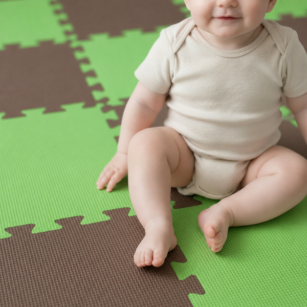 Ein Kleinkind sitzt auf einem weichen Spielteppich aus zusammensteckbaren Schaumstoff Puzzleteilen.