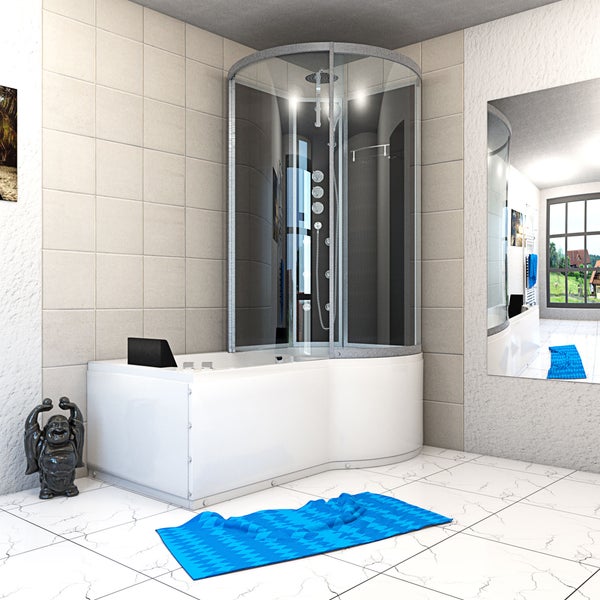 Moderne weiße Badewanne mit integrierter, gebogener Duschkabine aus Glas, Duschpaneel mit Massagedüsen und Regendusche in gefliestem Badezimmer.