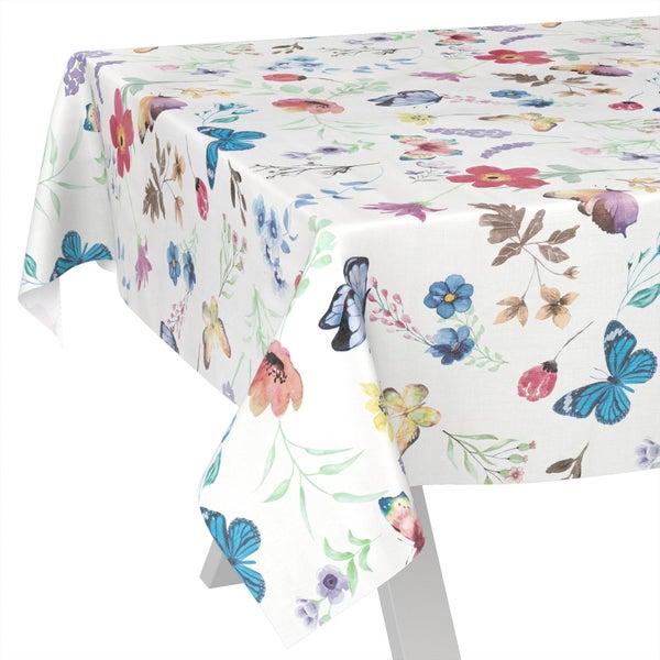 Tischdecke mit Blumen- und Schmetterlingsmuster im Aquarell-Stil.