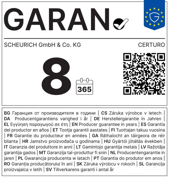 Herstellergarantie von acht Jahren für Produkte von Scheurich GmbH und Co. KG.
